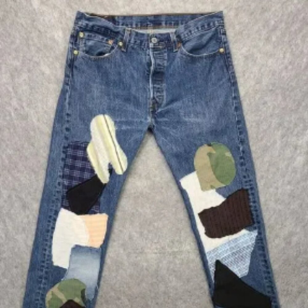 Levi's 501‎ Button Fly Jeans Mens 32x30 Patchwork Straight Leg Distressed